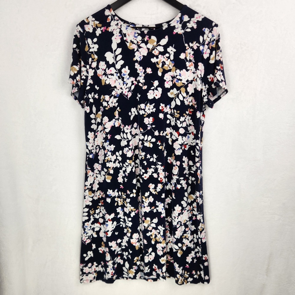 J. Jill Wearever Dress Large Blue Floral Short Sleeve Jersey Knit Office Stretch